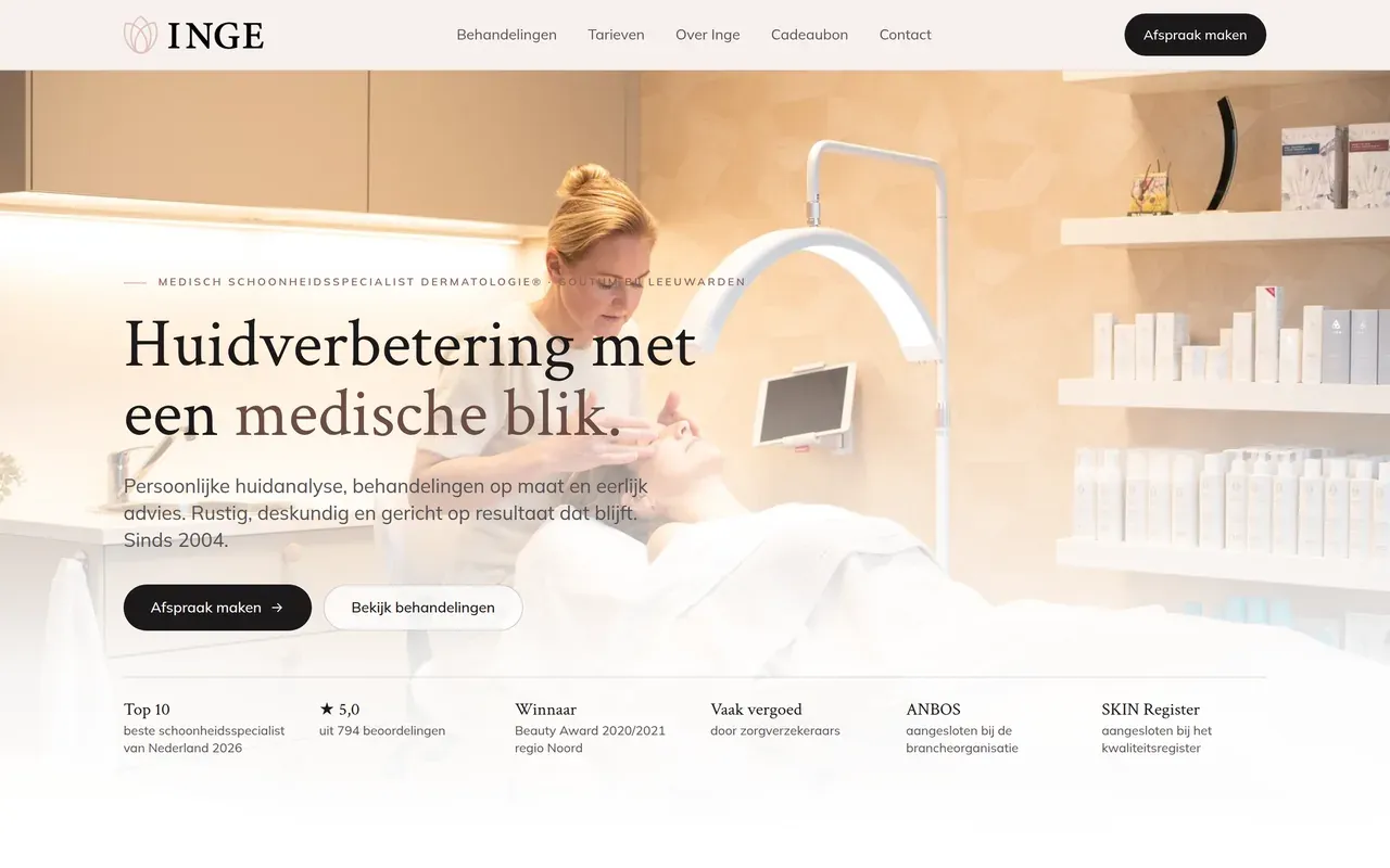 Homepage van Schoonheidssalon Inge, gebouwd door StudioFab